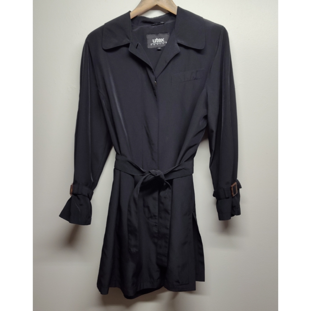 Utex Design Trench Coat Women's Size 6 Black Front Buttons Waist Tie